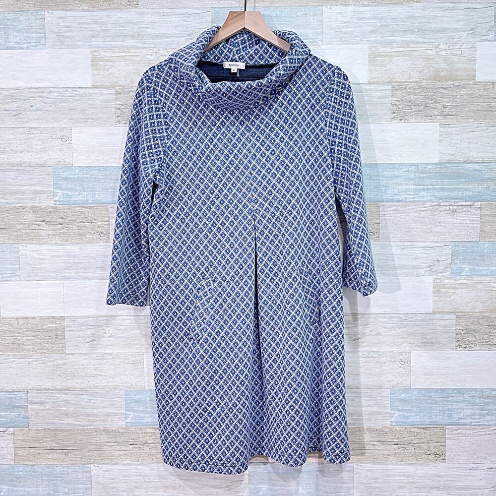 Tyler Boe Cowl Neck Shift Sweater Dress Blue Geo Print Stretch Womens Medium
